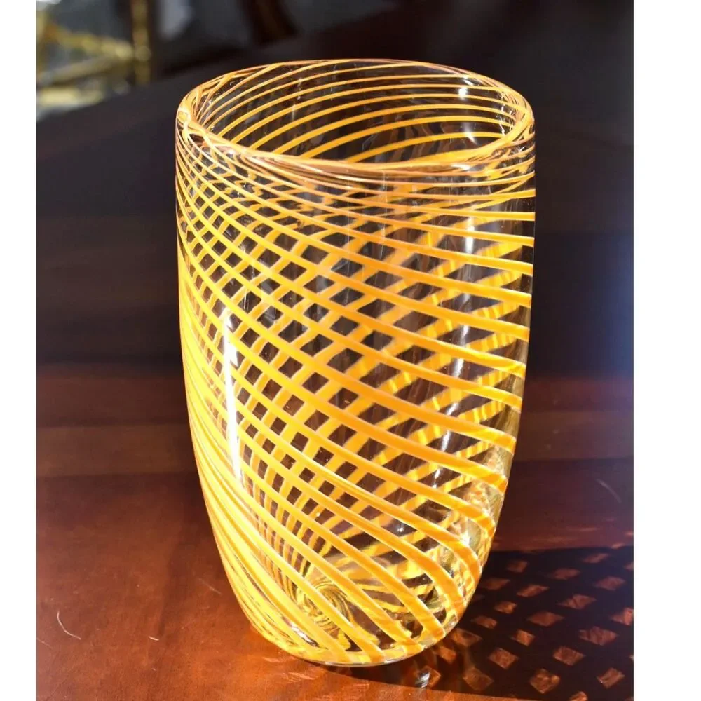 Tall Mid-Century Orange Spiral Stripe Murano Glass Vase
